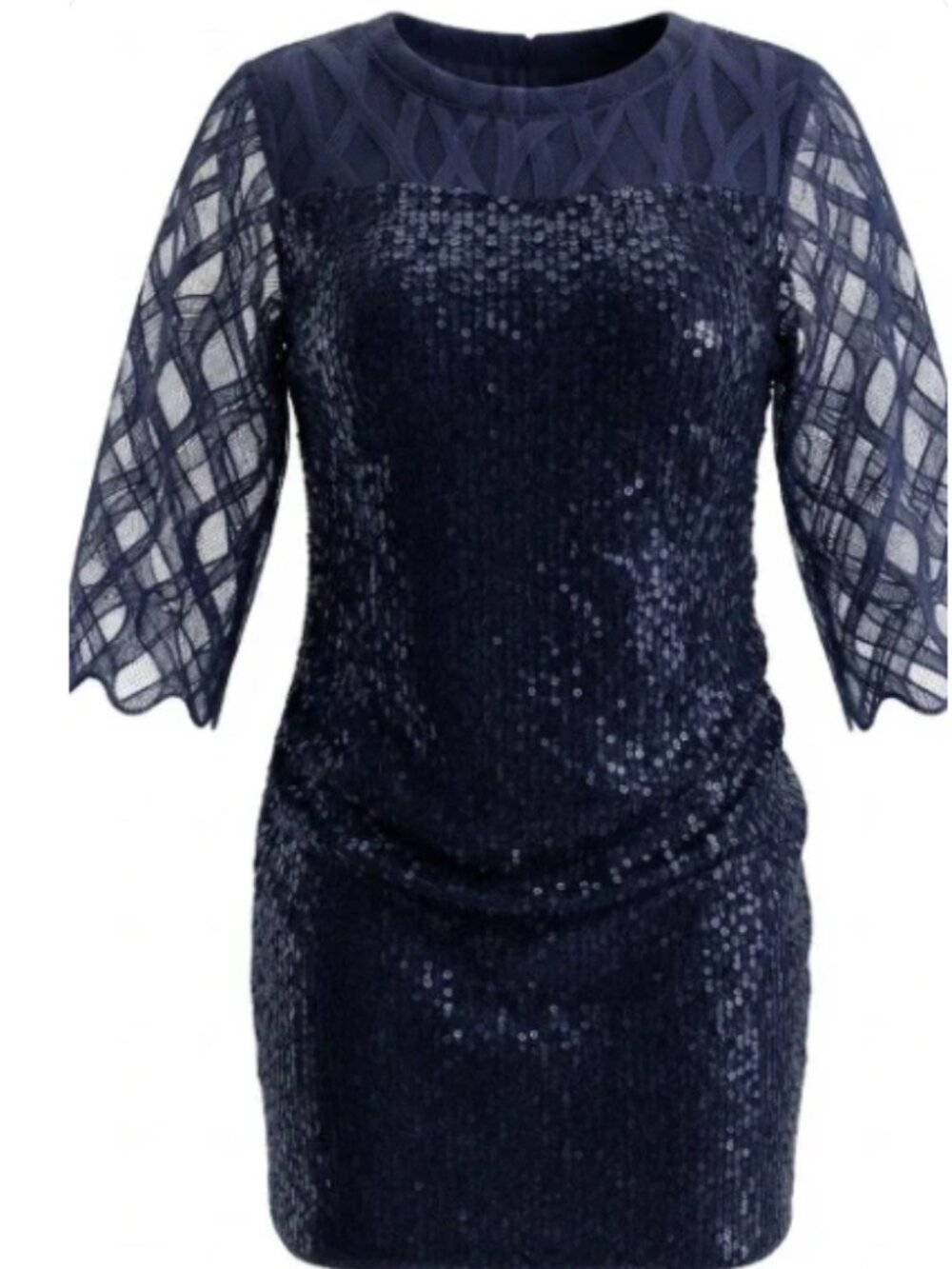 Navy Blue Sequin Mesh Sleeve Mini Dress